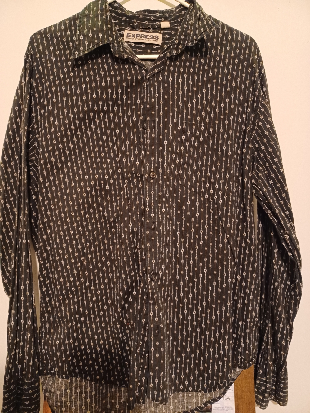 Express Men’s Black Button-Down Shirt with White Linear Motif